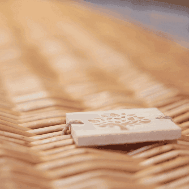 Wilgentenen uitvaartmand in een natuurlijke omgeving, symboliseert harmonie en duurzaamheid.