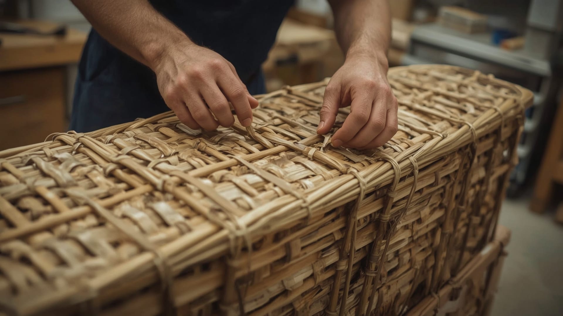 Een wilgentenen uitvaartmand wordt klaargemaakt voor transport