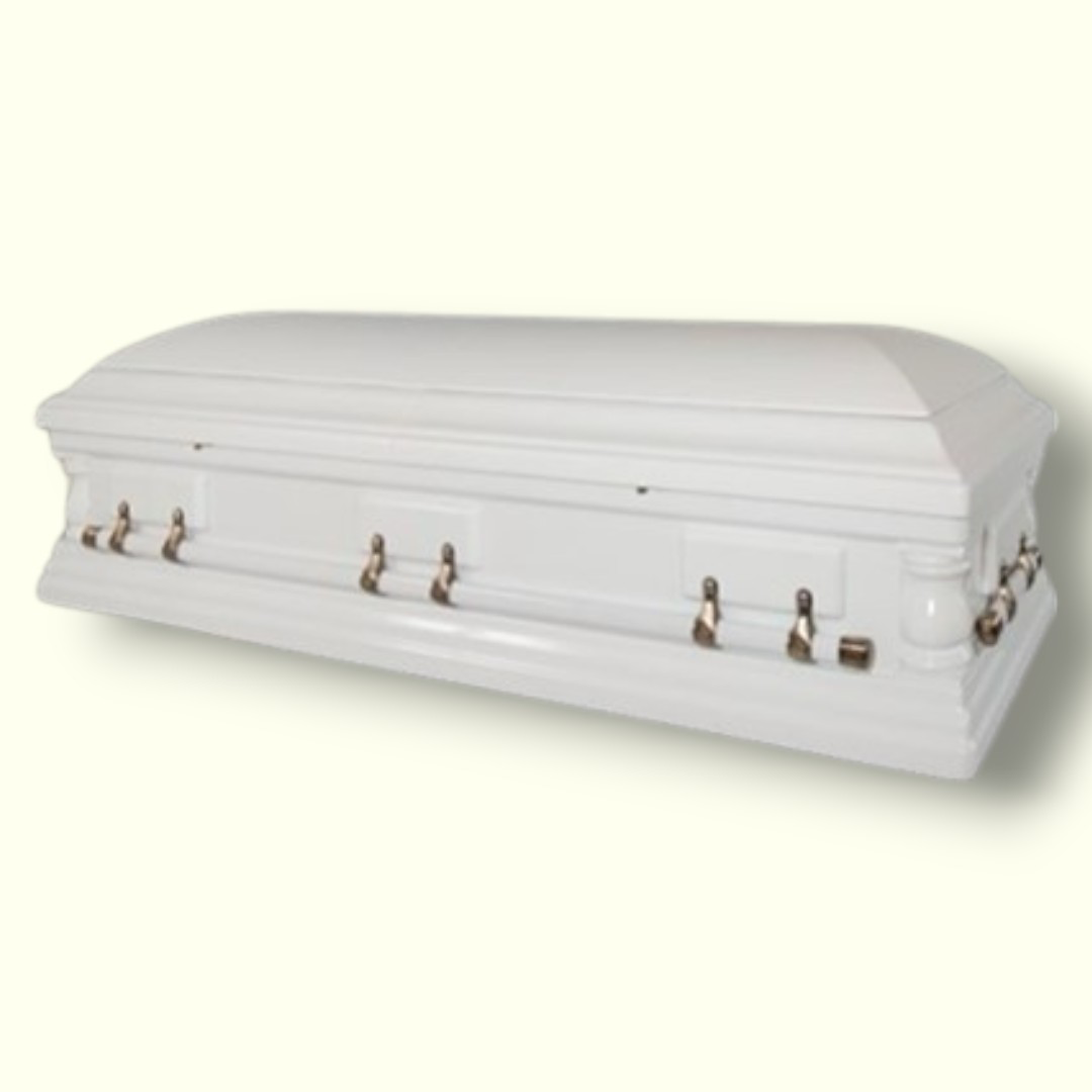 Amerikaanse uitvaartkist van wit populierenhout met tweedelig deksel